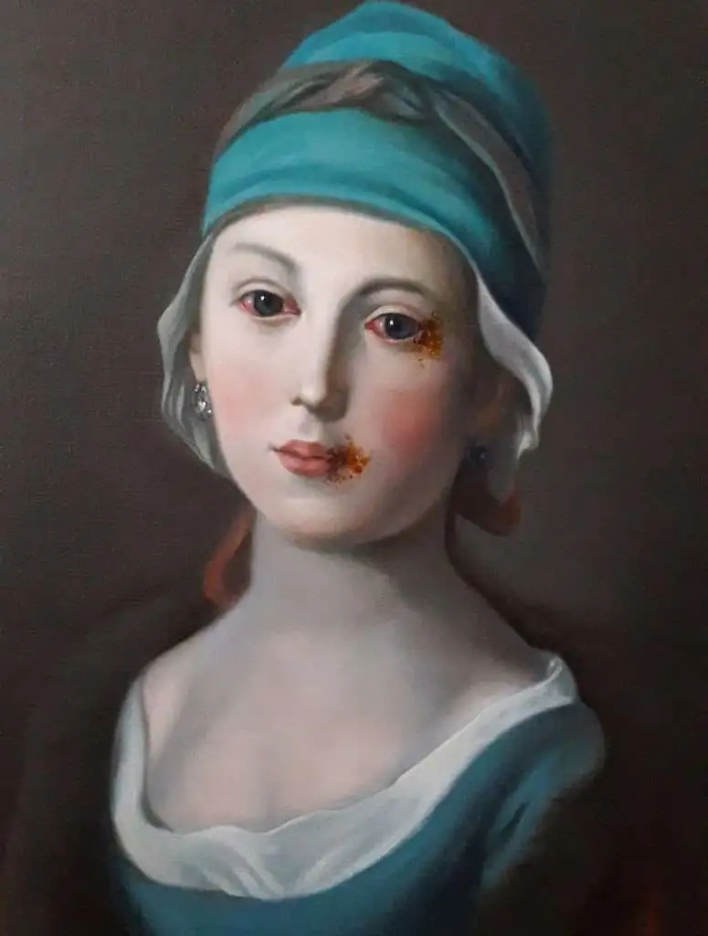 P.A.R. Portrait of a Russian Girl in a Blue dress and headdress 2021 olio su lino 41 x 33 cm 3